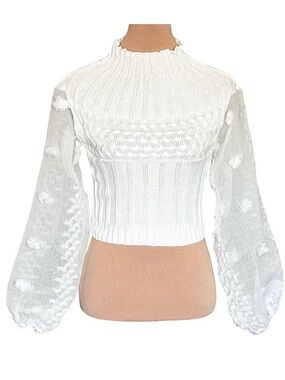 New Cropped Sweater Sz.S White Knit Mock Neck Sheer Baloon Sleeves Y2K Feminine
